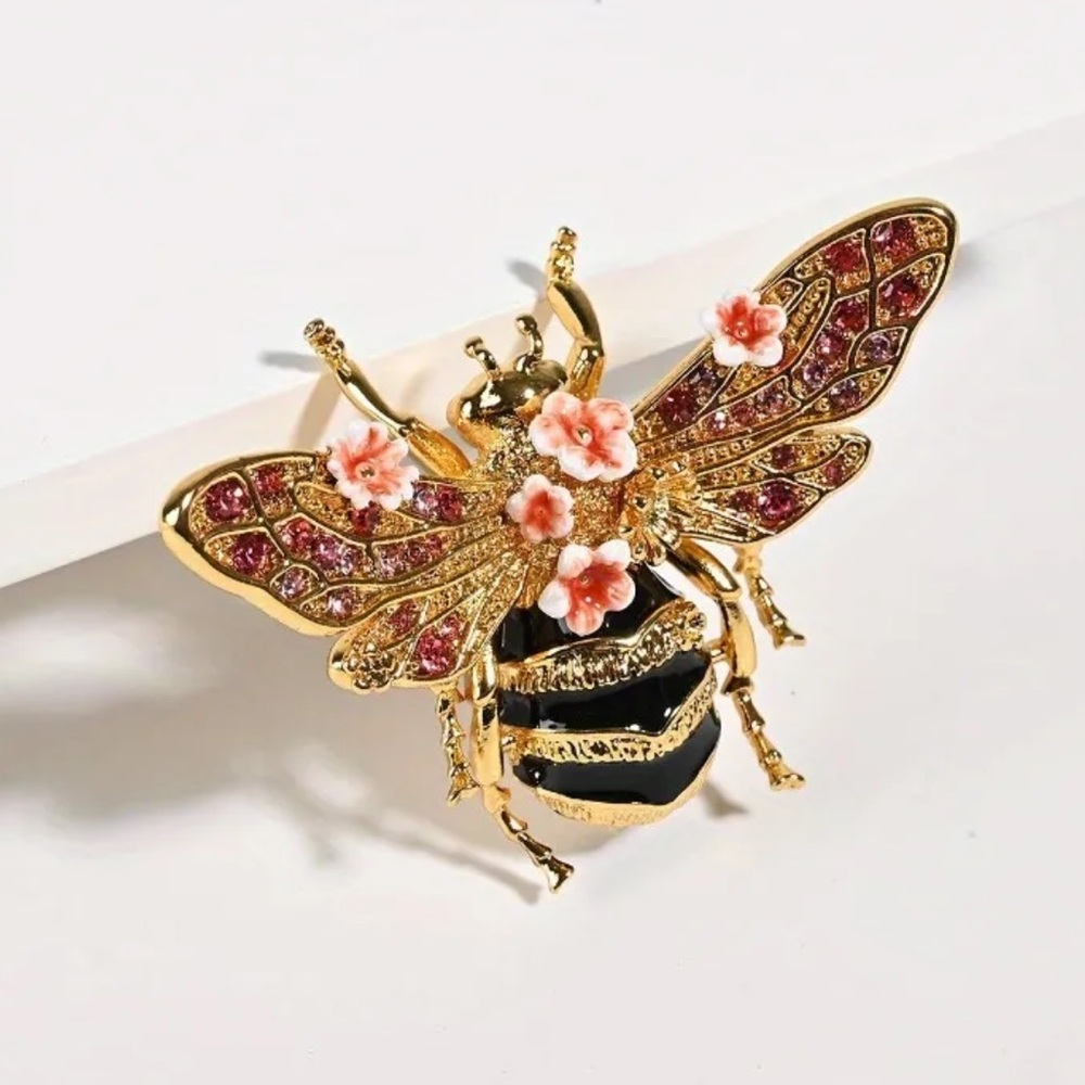 Vintage Style Bee w/ Pink Flowers Brooch Pin